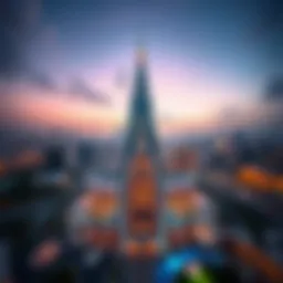Panoramic view of Al Meraikhi Tower against a sunset sky