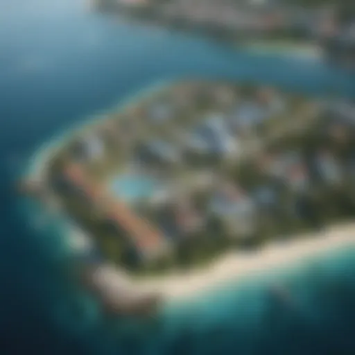 Aerial view of Blue Water Island showcasing its stunning waterfront and modern architecture