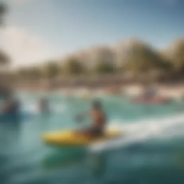 Visitors enjoying various water sports activities along La Mer Beach.