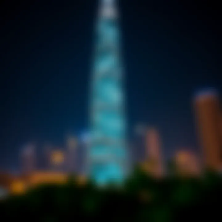 Night view of Mercedes Tower illuminated against the Dubai skyline