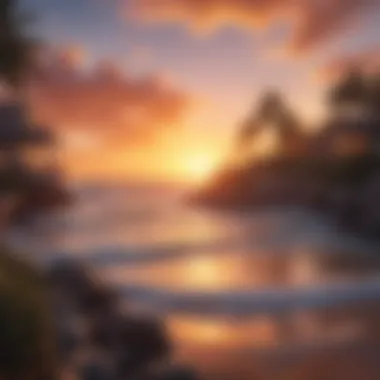 Stunning Sunset Over Coastal Retreat A vibrant sunset casting warm hues over a coastal retreat, symbolizing tranquility.