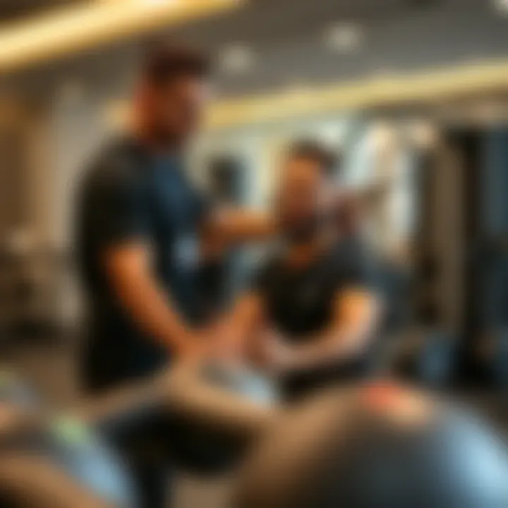 Personal trainer assisting a client with workout