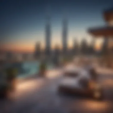 Breathtaking Rooftop Terrace Overlooking the Skyline Rooftop terrace showcasing Dubai skyline