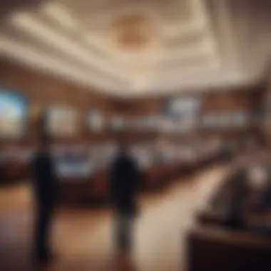 Inside a High-Stakes Auction Room An elegant auction room filled with bidders and screens displaying properties