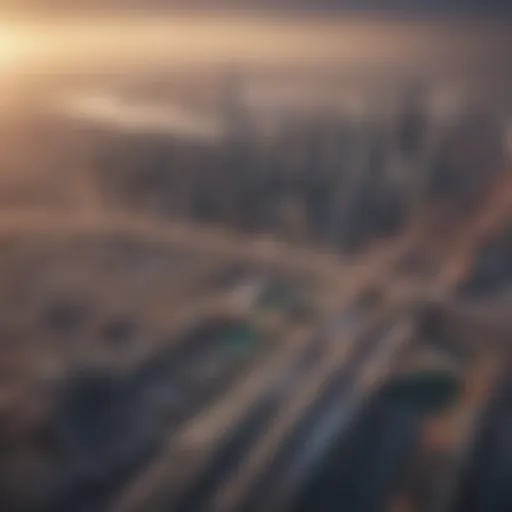 Aerial view of Dubai skyline with metro stations highlighted